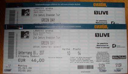 Verkaufe Green Day Sitzplatzkarten für Köln am 5. 10. 09