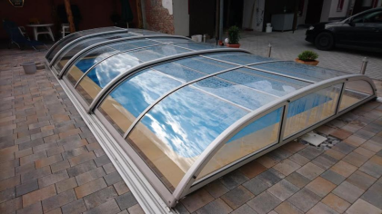 GFK Pool Ueberdachung Elegant 6 Schiebehalle flache extra Schienen SONDERPREIS