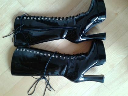 Sexy Lack Plateau Stiefel High Heels schwarz kniehoch 37 - 37 5